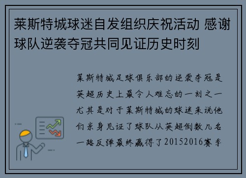 莱斯特城球迷自发组织庆祝活动 感谢球队逆袭夺冠共同见证历史时刻