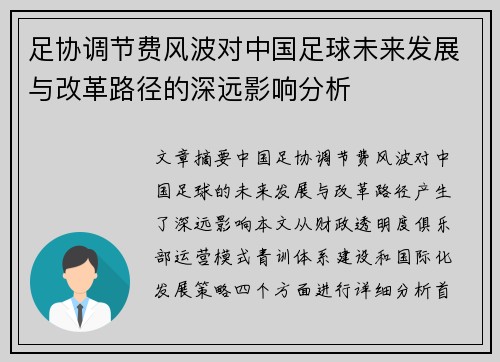 足协调节费风波对中国足球未来发展与改革路径的深远影响分析